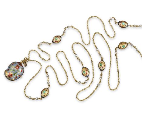 An Indian gold longuard chain, the fine oval links are spaced with seven ovoid gold mounts and with enamel decoration and wit