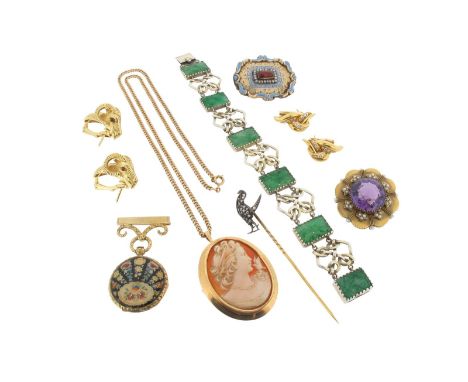 A pair of twisted gold and diamond earrings, a Victorian amethyst and seed pearl flowerhead brooch, a diamond set silver and 