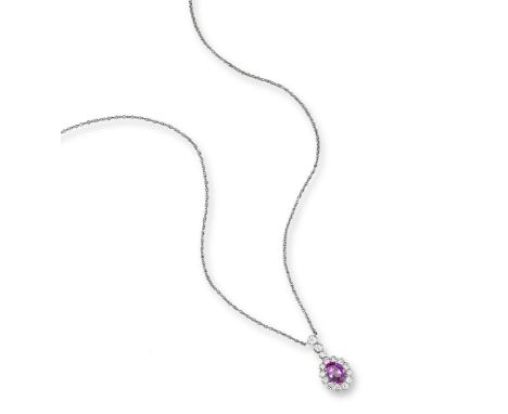 A pink sapphire and diamond pendant, the oval-shaped sapphire is set within a surround of twelve round brilliant-cut diamonds