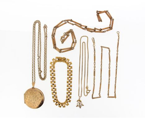 A 9ct gold twisted cylindrical link necklace, a 14ct gold textured link bracelet. With a diamond and seed pearl set pendant o