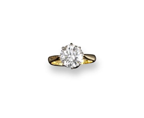 A diamond solitaire ring, the round brilliant-cut diamond weighs approximately 2.60cts and is set in 18ct gold. Size K.