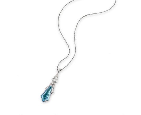 An Art Deco aquamarine and diamond-set pendant, the articulated platinum mount is set with graduated circular-cut diamonds an
