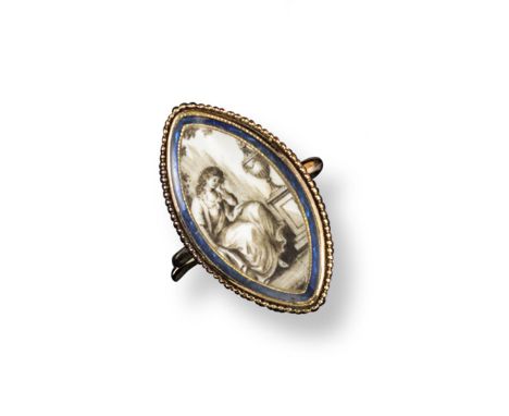 A late 18th century memorial ring, the navette-shaped ring painted with a seated woman contemplating an urn, within blue guil