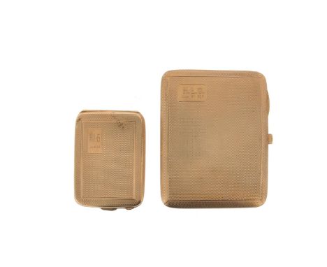 A 9ct gold rectangular cigarette case, engine turned pattern overall and presentation inscription dated 1926. And similar 9ct