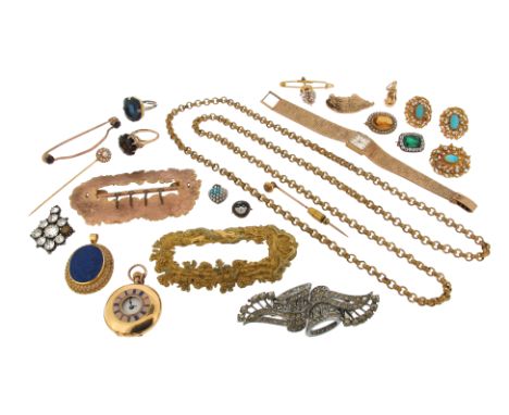 A collection of antique jewellery and costume jewellery, including an early 19th century cannetille gold brooch centred with 