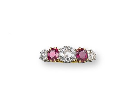 A diamond and ruby-set five stone ring, the three graduated round brilliant-cut diamonds are set with two circular-cut rubies