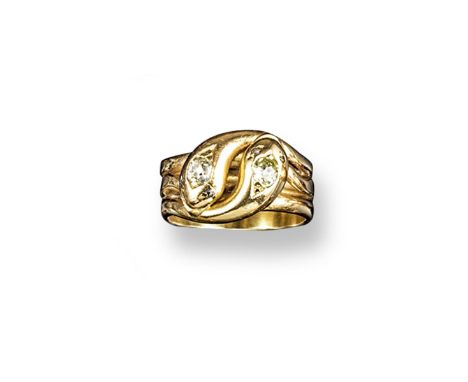 A Victorian gold snake ring, the intertwined serpents set with diamonds to each head and with diamond eyes (one missing). Siz