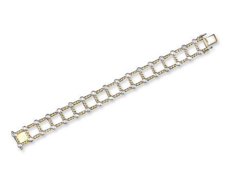 A ladder form flexible bracelet, set with circular cut diamonds set in yellow and white gold. 19.2cm. 42g.