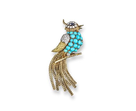 A gem-set gold bird of paradise brooch, the body pave-set with turquoise cabochons, with sapphire and diamond set eye and fur