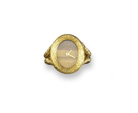 An 18ct gold ring watch by Bueche-Girod, with signed tiger's eye dial. Size K.