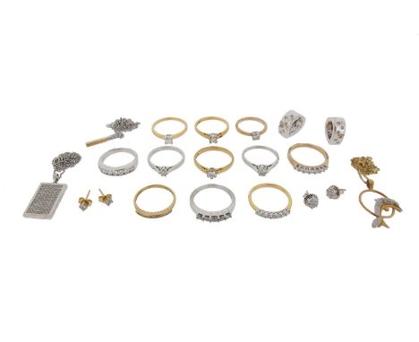 Assorted jewellery including a seven stone diamond ring in 18ct white gold, six diamond solitaire rings set in yellow and whi