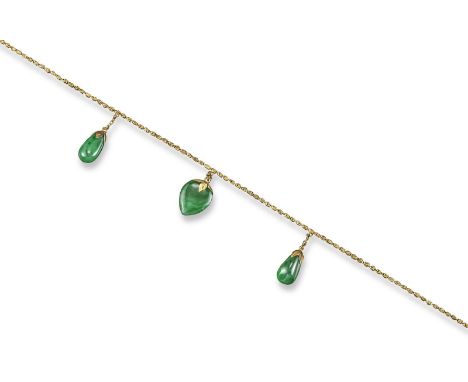 Three jade pendants suspended from a fancy-link gold chain, 42cm. Accompanied by report number 10488 dated 21st November 2014