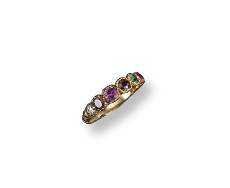 A George III REGARD ring, set with the appropriate gem stones, in closed back gold mount and foliate engraved shank. Size R 1