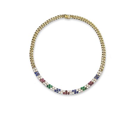 A gem-set gold necklace, set with two rows of diamonds, sapphires, rubies and emeralds. With a flat curb-link gold neck chain