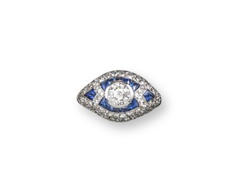 An early 20th century sapphire and diamond bombe-shaped cluster ring, millegrain set with old circular cut diamonds and gradu