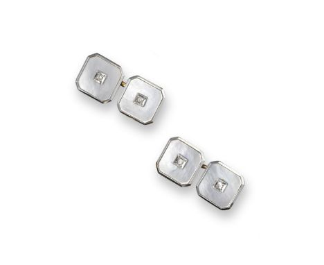 A cased set of dress cufflinks and studs, of square octagonal form and centred with a small diamond on shell ground, in gold 
