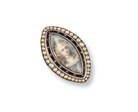 A George III navette-shaped miniature portrait brooch, painted with a lady with a pink ribbon to her flowing hair and wearing