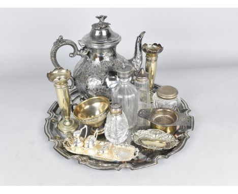 A Collection of Various Metalwares to Comprise Silver Topper Glass Bottles, Silver Plate Tray, Teapot etc 