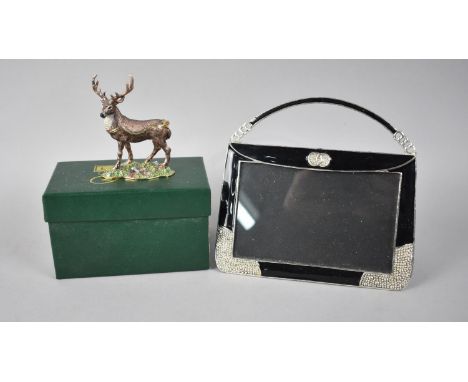 A Modern Novelty Easel Back Photo Frame in the Form of a Ladies Handbag, together with a Boxed Little Gem Enamelled Metal Red