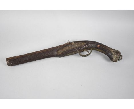 A Vintage Reproduction Flintlock Pistol with Carved Wooden Brass Mounted Handle 