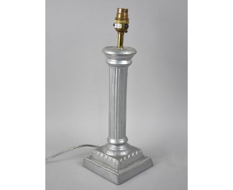 A Modern Silver Painted Composition Table Lamp Base in the form on Reeded Column on Stepped Square Base, 39cms High 