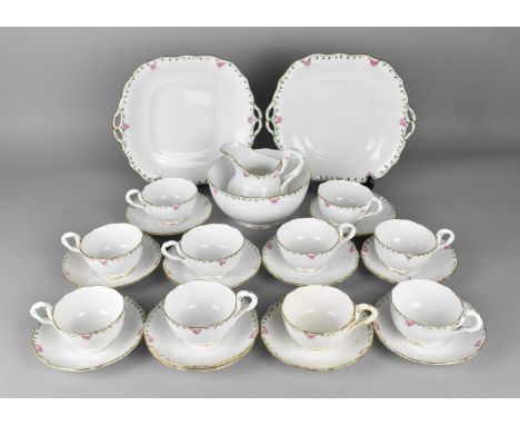 A 19th Century Porcelain Tea Set Having Gilt, Pink and Green Trim Detailing and Stylised Vine Strap Handles to Comprise Two C