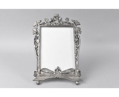 A Reproduction Art Nouveau Style Pewter Photo Frame Decorated with Fairies and Flowers, Easel Back 22.5cms High by 15cms Wide