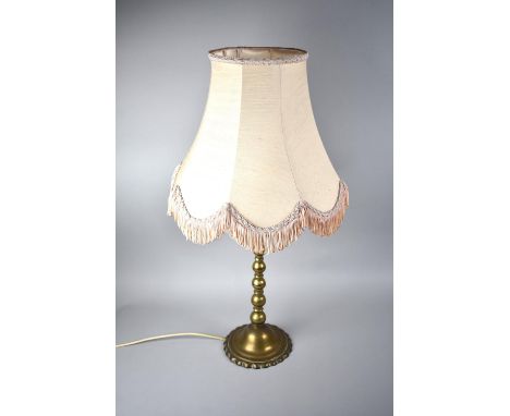 A Modern Brass Table Lamp with Bobbin Support and Shade, Overall Height 70cms 