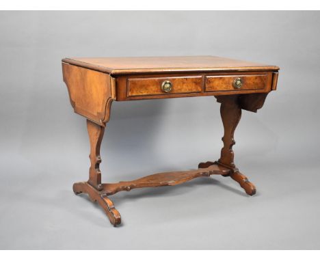 A Reproduction Burr Walnut Crossbanded with Mahogany Drop Leaf Coffee Table in the Form of a Sofa Table, Two Drawers to Top, 