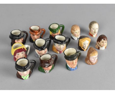 A Collection of Nine Miniature Character Jugs together with Five Ceramic Head Thimbles 