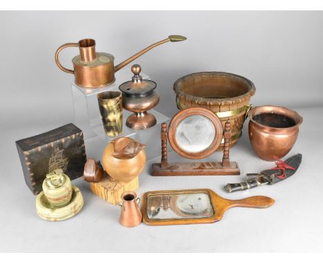 A Collection of Various Treen and Metalwares to Comprise Carved and Brass Banded Planter, Copper Pots, Copper Watering Can, C