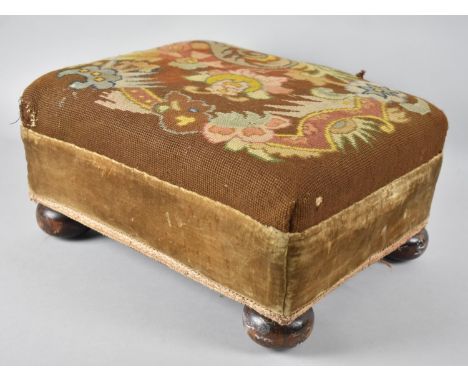A Late 19th Century Tapestry Upholstered Rectangular Footstool on Bun Feet, 38cms by 32cms 