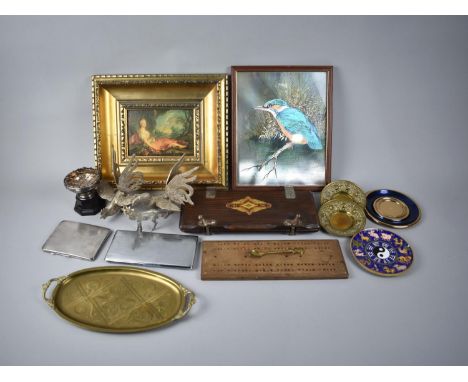 A Collection of Various Sundries to include Silver Plated Fighting Cocks, Cribbage Board and Tie Press, Trophy, Prints etc