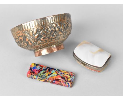 A Far Eastern Pressed Metal Bowl, 10cms Diameter, Together with a Vintage Mother of Pearl Souvenir Purse and a Cased Souvenir