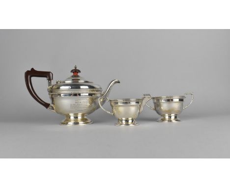 A Silver Three Piece Tea Service, Birmingham Hallmark, Teapot with Presentation Inscription, 618g 