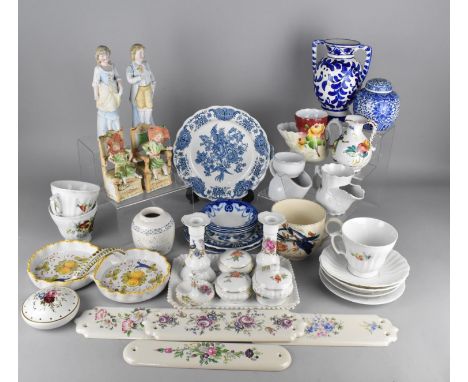 A Collection of Various Ceramics to Comprise Floral Decorated Door Finger Plates, Blue and White, Bisque Porcelain Figures et