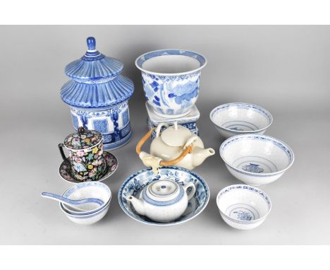 A Collection of Various Modern Oriental Ceramics to Comprise Ceramic Storage Jar in the Form of a Pagoda, Planter, Celadon Te