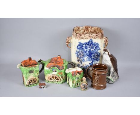 A Three Piece Cottage Tea Service, Transfer Printed Two Handled Vase with Elephant Handles, Beswick Beneagles Osprey Decanter