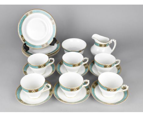 A Swansea China Tea Set with Blue Marbled and Patterned Trim to Comprise Six Cups, Six Saucers, Five Plates, Milk Jug and Sug