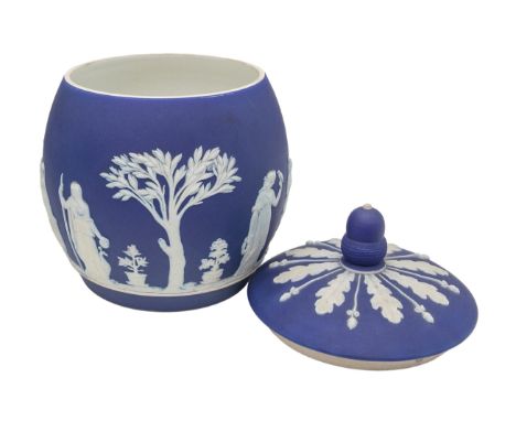 To be sold without reserve. Property of a Lady. Wedgwood, A Jasperware barrel jar. Decorated with hunting and floral motifs. 