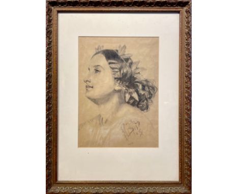 Property of a Lady. Symbolist School French / Belgian. A portrait of a woman with a laurel wreath, 1879. Graphite and white c