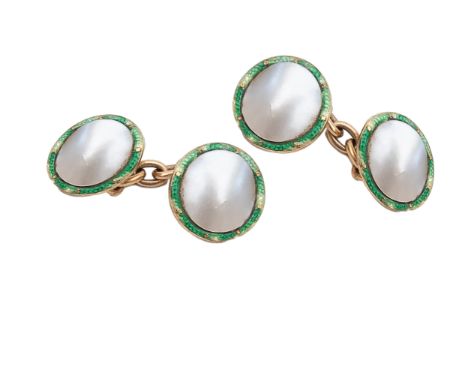 To be sold without reserve Property of a Lady. &nbsp;[a] A dress set of 15ct gold, maybe pearl and green enamel cufflinks and