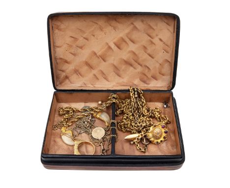 To be sold without reserve Property of a Lady. A leathered antique gold leaf jewellery case, containing a selection of jewell