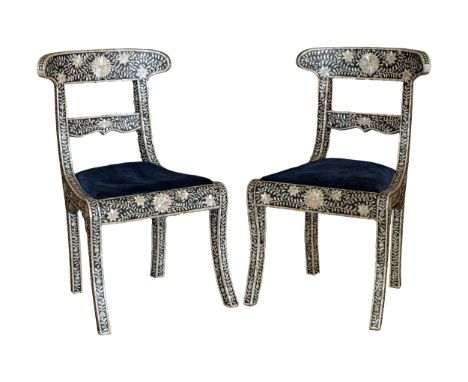 To be sold without reserve Property of a Gentleman. &nbsp;20th Century A pair of mother of pearl inlay chairs With blue velve