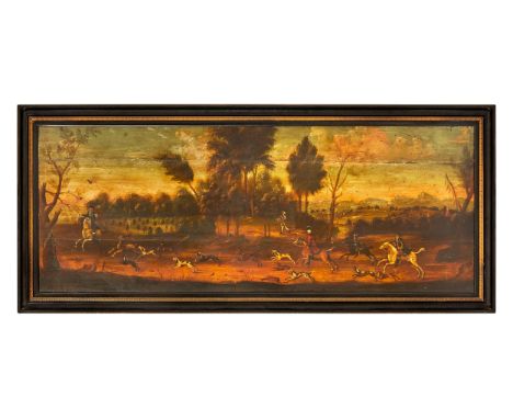 Property of a Gentleman. British School 18th Century A hunting scene, with stag pursued by horse and hounds Oil on panel. Dim