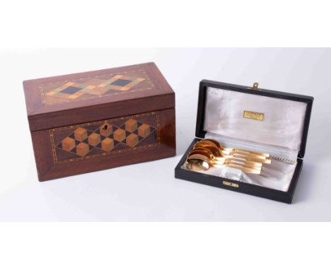 Mahogany tea caddy with parquetry inlay together with a cased set of six Solingen gold plated teaspoons, cased.