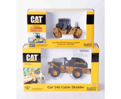 CAT CB-534D XW Vibratory Asphalt Compactor and Cabin 1:50 scale, CAT 545 Cable Skidder 1:50 scale, boxed (2).