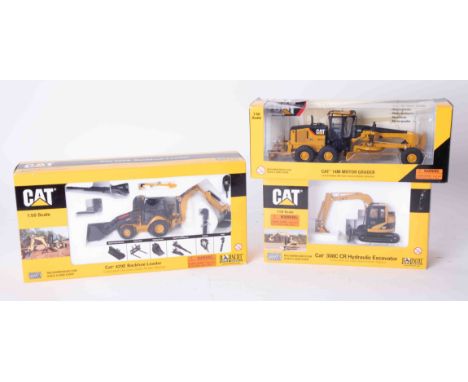 CAT 420E Backhoe Loader 1:50 scale, CAT 14M Motor Grader 1:50 scale and CAT 308C Hydraulic Excavator 1:50 scale, boxed (3).