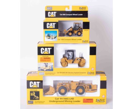 CAT 906 Compact Wheel Loader 1:50 scale, CAT CB-534D XW Vibratory Asphalt Compactor 1:50 scale and CAT R1700G LHD Underground