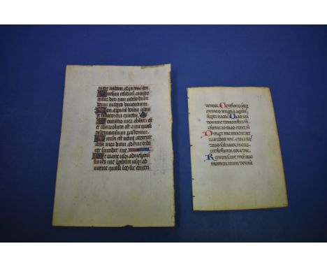 ILLUMINATED MANUSCRIPT LEAVES: two leaves from differing illuminated manuscripts on vellum, 15th century or earlier, one with